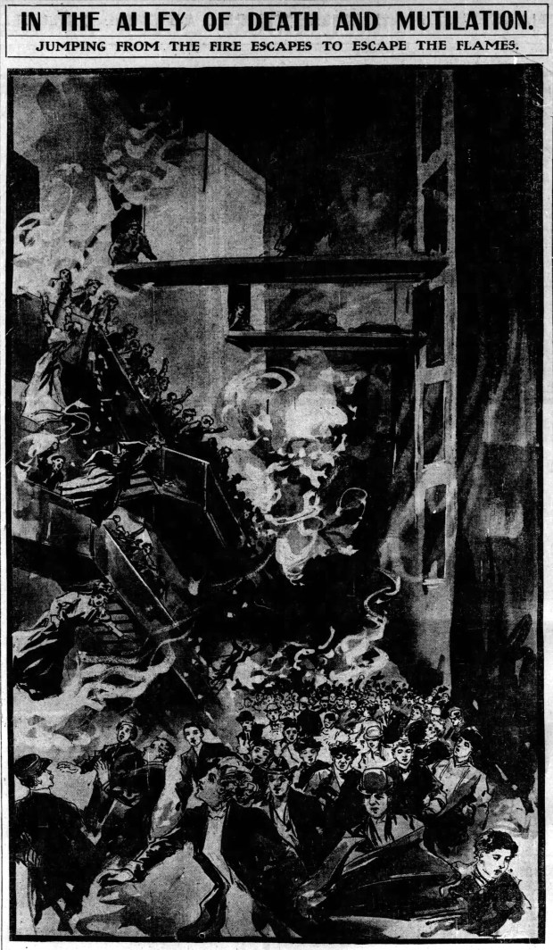 Many of those who could escape the fire at the Iroquois Theatre in Chicago on Dec. 30, 1903 found themselves navigating fire escapes, as this illustration published on Dec. 31, 1903 in the Tribune shows. (Chicago Tribune)