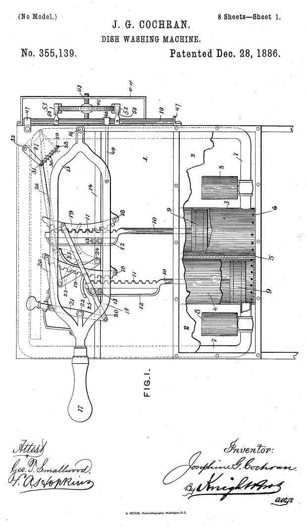 This drawing for a dishwashing machine, which was patented on Dec. 28, 1886, was developed by Chicago inventor Josephine Cochran. (U.S. Patent Office)