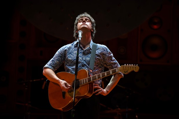 Danny Horn as Ray Davies of the Kinks during a rehearsal of "Sunny Afternoon," a new musical which opens soon at Chicago Shakespeare Theater at Navy Pier on March 18, 2025. (E. Jason Wambsgans/Chicago Tribune)