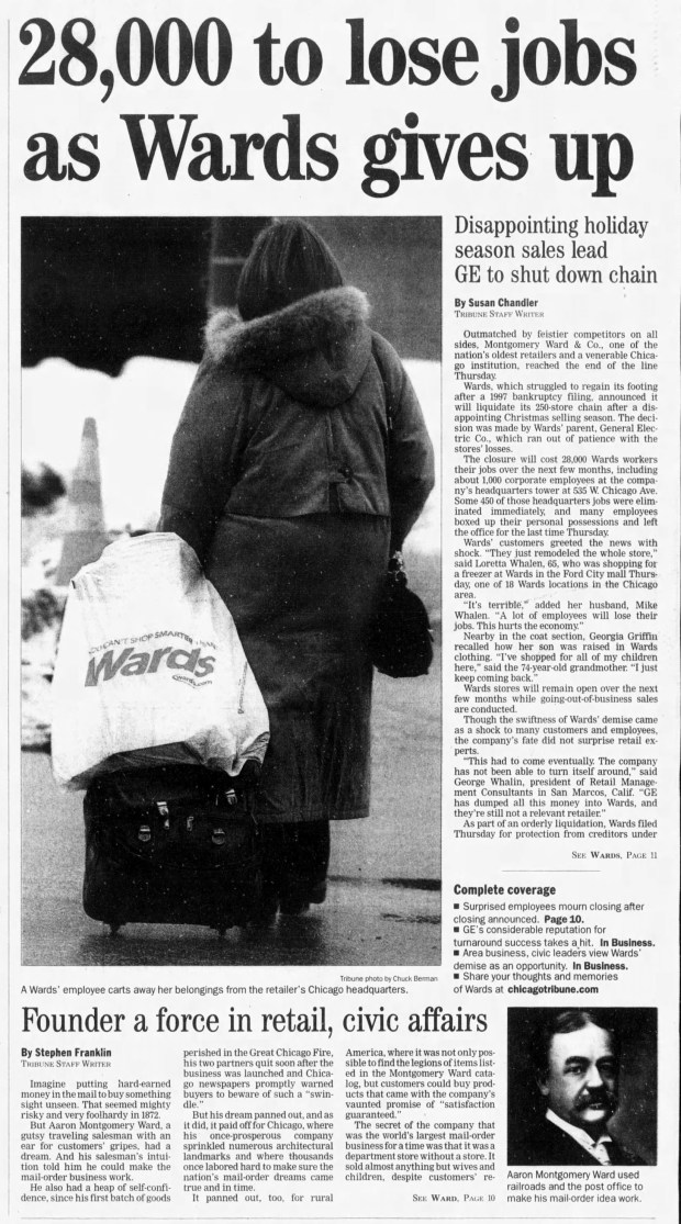 Chicago-based department store Montgomery Ward & Co. announced on Dec. 28, 2000, it was shutting down operations. (Chicago Tribune)