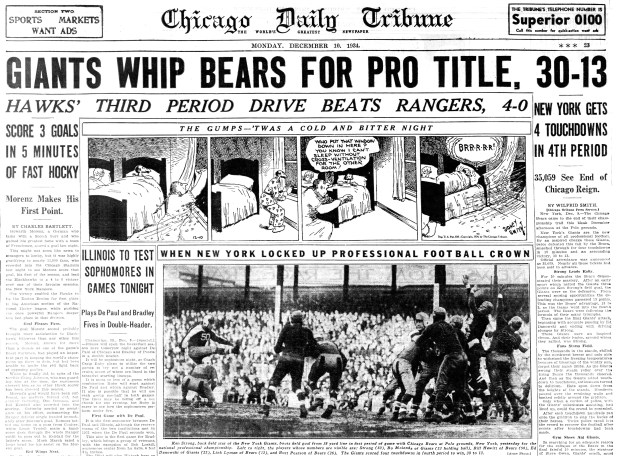 In what became known as the "Sneakers Game," the New York Giants beat the Chicago Bears 30-13 on Dec. 9, 1934, at the Polo Grounds in New York. The Giants swapped their cleats for rubber-soled shoes due to the field's icy conditions. (Chicago Tribune)