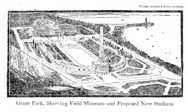 This rendering of a planned U-shaped stadium for Grant Park, as published in the Tribune on March 18, 1920, was produced by architecture firm Holabird & Roche. (Chicago Tribune)