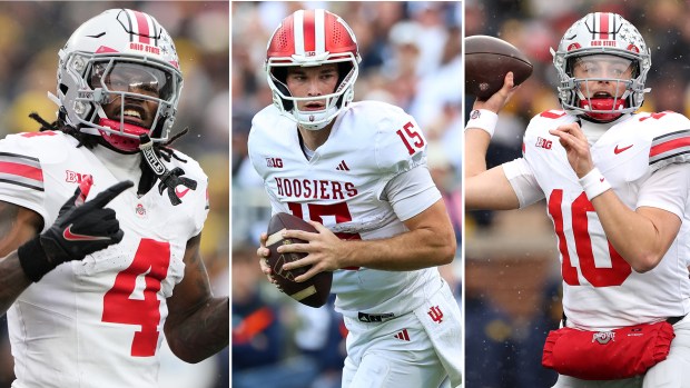 Ohio State wide receiver Jeremiah Smith, Indiana quarterback Fernando Mendoza and Ohio State quarterback Julian Sayin are the finalists for the Chicago Tribune Silver Football award. (Ryan Sun and Barry Reeger/AP, Luke Hales/Getty)