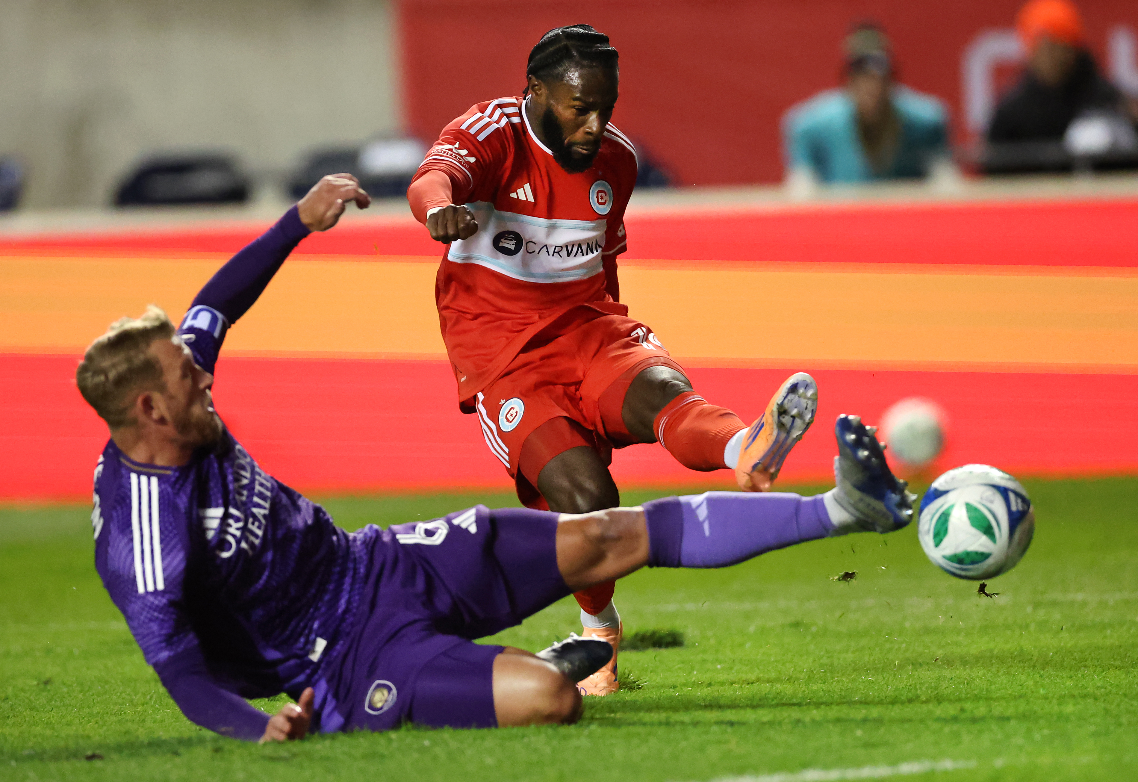 Chicago Fire forward Jonathan Bamba (19) takes a shot on...