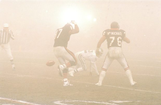 Chicago Bears defensive end Sean Smith (97) and defensive tackle Steve McMichael (76) on the field against the Philadelphia Eagles in the game that became known as "Fog Bowl," Dec. 31, 1988 at Soldier Field. The Bears won 20-12. (John Dziekan/Chicago Tribune)