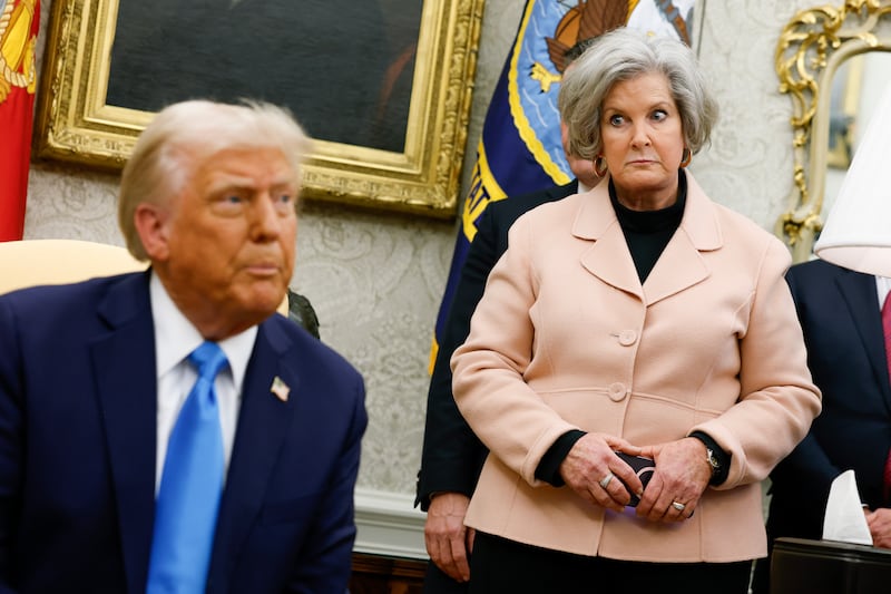 President Donald Trump, accompanied by White House Chief of Staff Susie Wiles (R), speaks in the Oval Office of the White House on February 04, 2025 in Washington, DC.