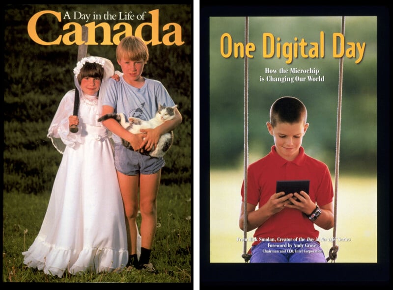 Left: A girl in a white dress and veil stands next to a boy in shorts holding a cat, with "A Day in the Life of Canada" as the title. Right: A boy looks at a device, with the title "One Digital Day" above him.