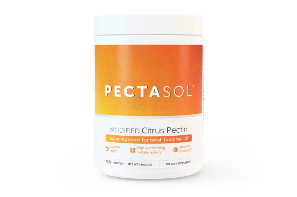 White and orange container of Pectasol Modified Citrus Pectin dietary supplement.