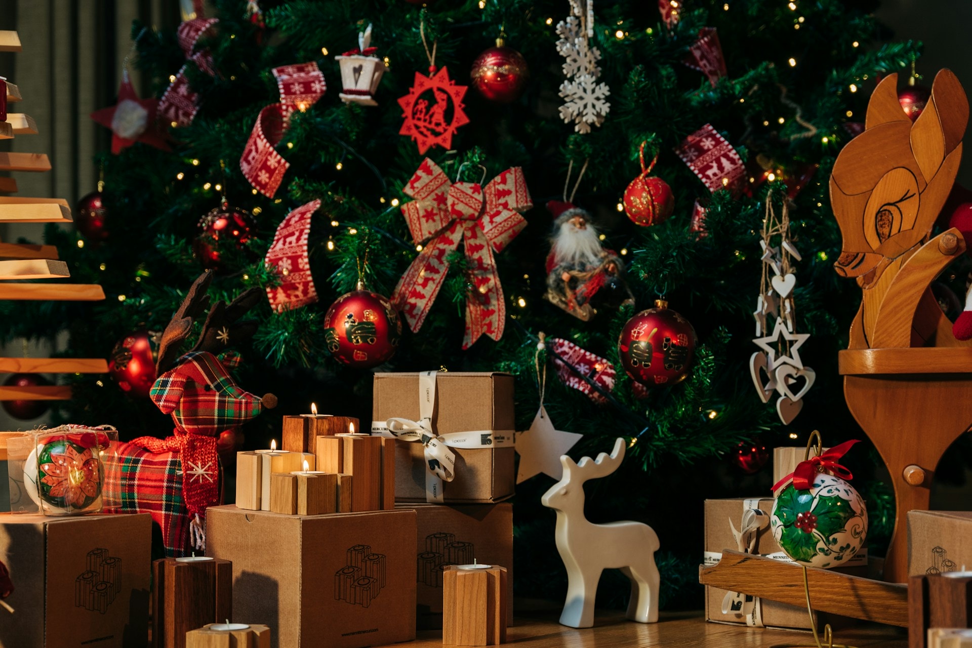 Christmas consumerism: tree decorations and piles of presents