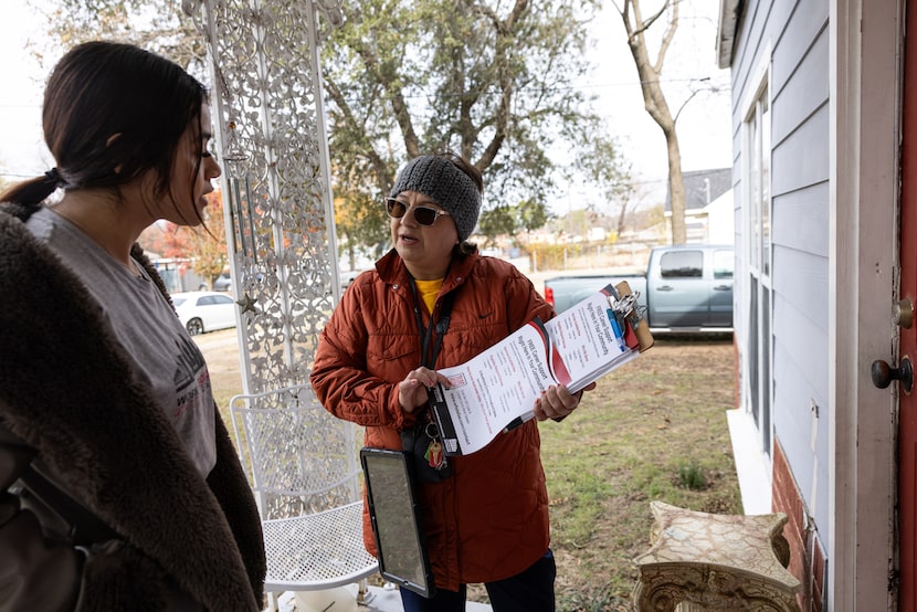 Candelaria Camargo, a canvasser for Groundwork Outreach, trains Brenda Saldana, Workforce...
