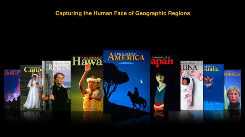 A row of eight books titled "A Day in the Life of..." with regions like America, Japan, Hawaii, China, and more, each featuring a photo of a person or landmark on the cover; yellow text above reads, "Capturing the Human Face of Geographic Regions.