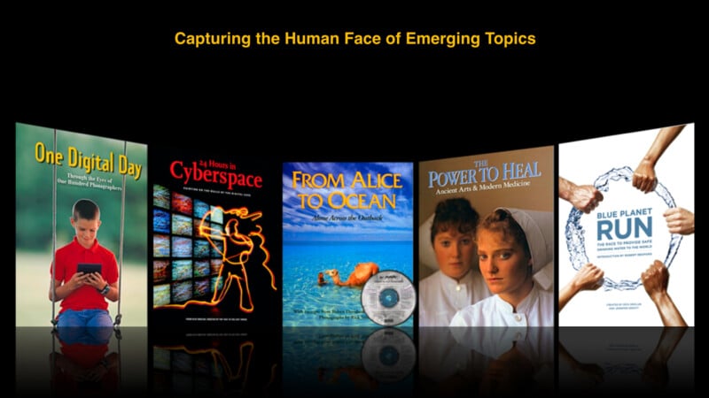 Five documentary covers are displayed in a row under the heading "Capturing the Human Face of Emerging Topics," each highlighting different themes, from technology and cyberspace to healing and the ocean.