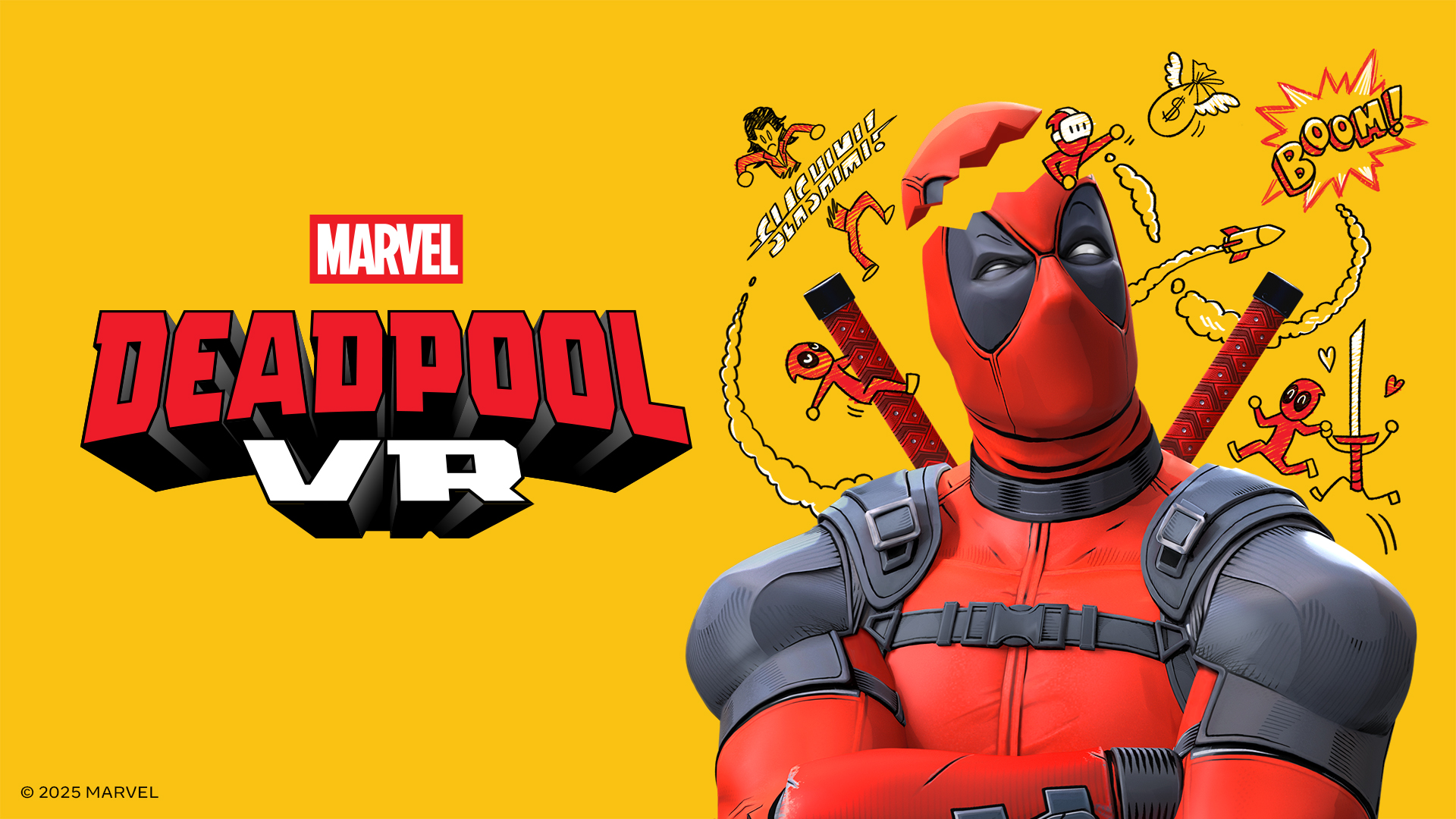 Deadpool's upper torso with the crown of his head open and little cartoon figures of Deadpool and foes fighting around his shoulders, with the logo "Marvel's Deadpool VR" next to him.