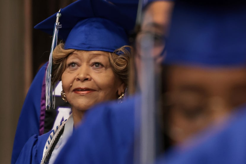 Cheryl Wyatt, 81, waits backstage before the start of graduation ceremonies held in Grand...