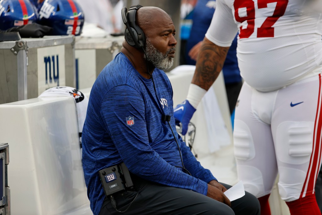 New York Giants assistant defensive line coach Bryan Cox during an NFL preseason game between the New England Patriots and the New York Giants on August 11, 2022, at Gillette Stadium in Foxborough, Massachusetts. 