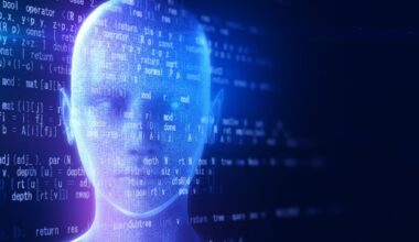 Holographic human type AI robot and programming data on a black background.