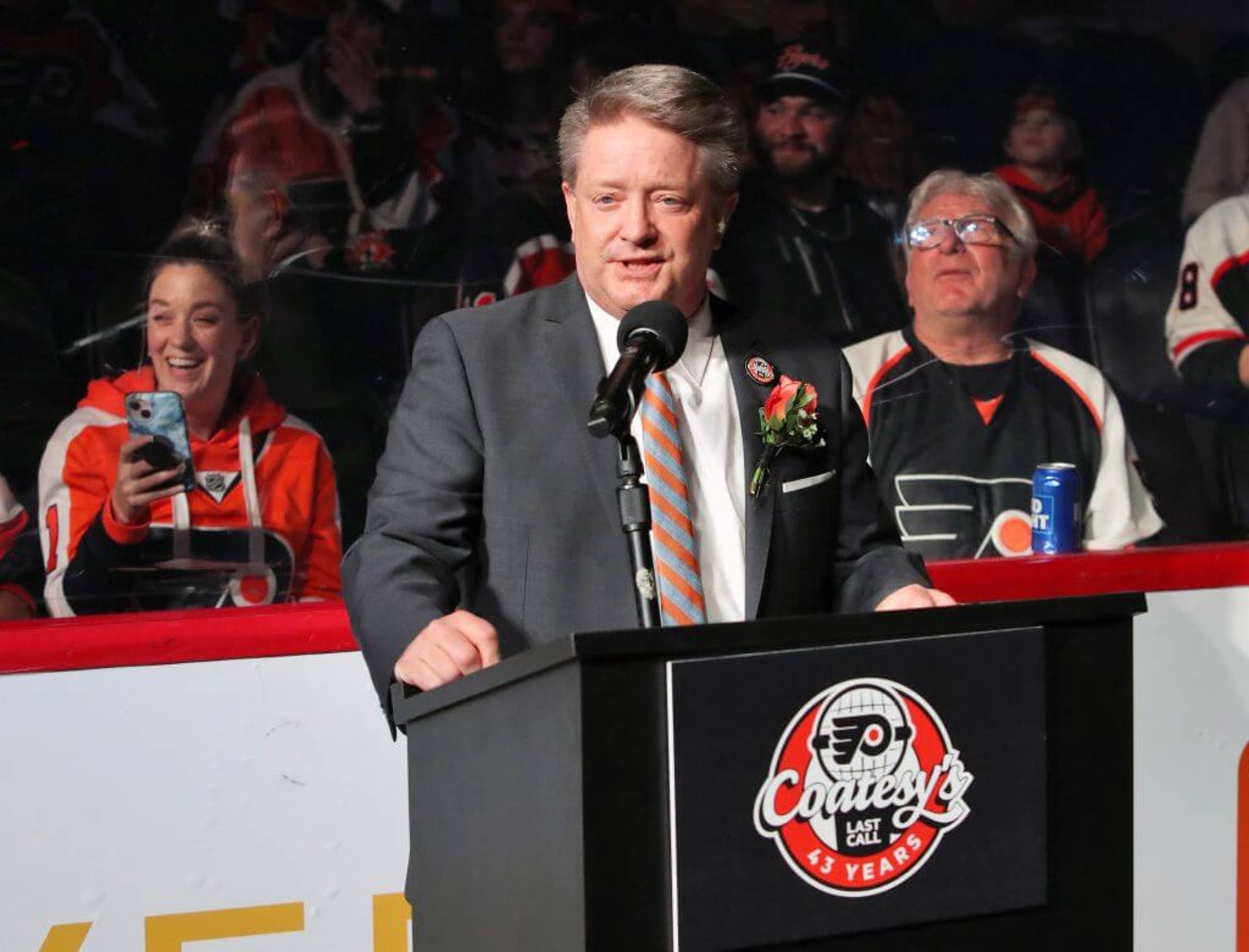Tim Saunders host a pregame ceremony honoring Steve Coates, 43-year career as member of the broadcast team for the Philadelphia Flyers at the Wells Fargo Center on April 1, 2023 in Philadelphia, Pennsylvania.