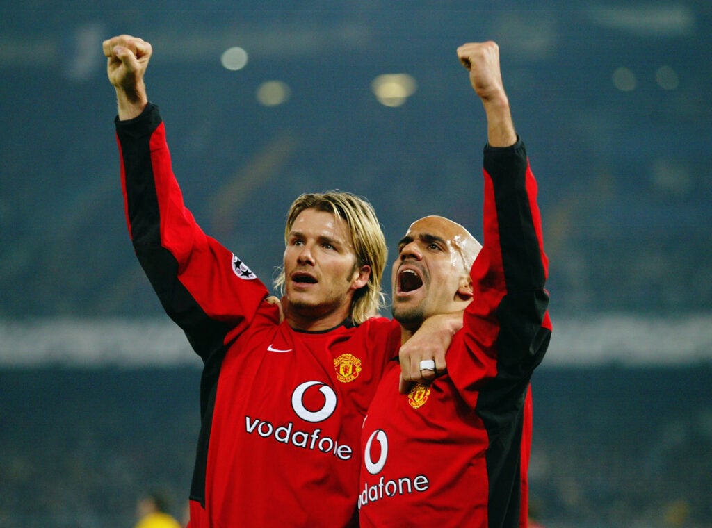 David Beckham and Juan Sebastian Veron of Manchester United celebrate the opening goal