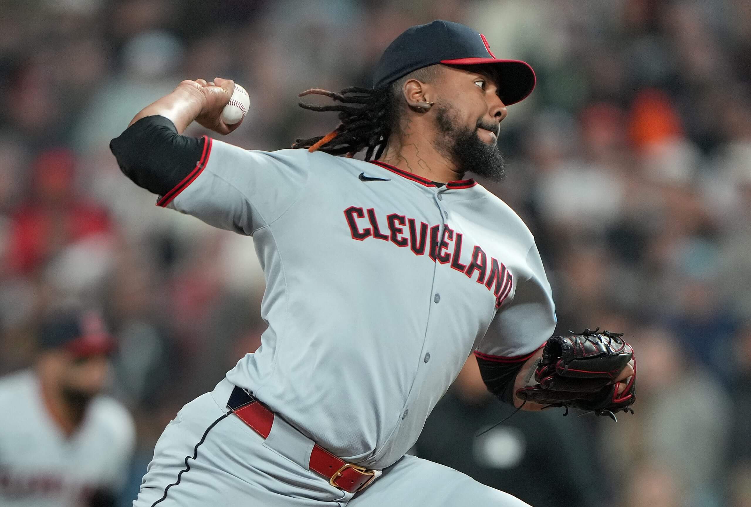 Emmanuel Clase of the Cleveland Guardians delivers a pitch against the San Francisco Giants in a game in June.