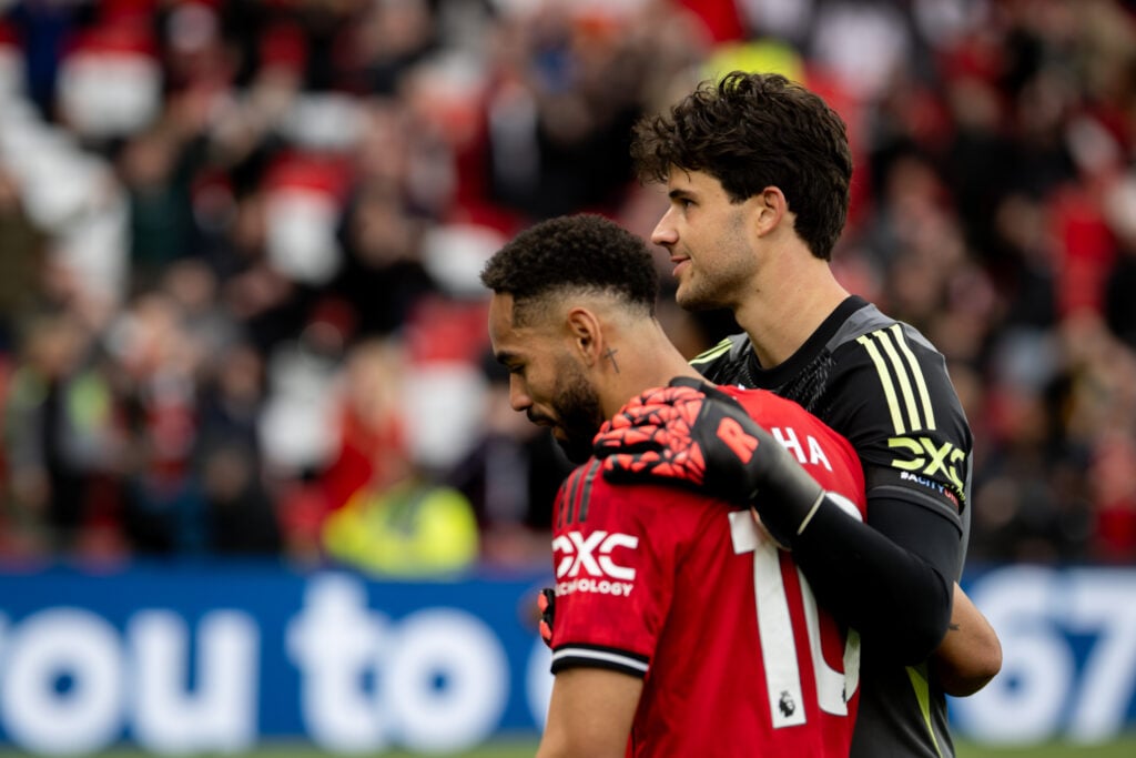 Senne Lammens reacts to Matheus Cunha at the end of the Premier League match between Manchester United and Sunderland at Old Trafford in 2025 in Manchester, England.