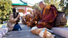 Buddhist monk Panna Kara with dog named Aloka, along with other monks from the Huong Dao Vipassana Bhavana Center in Fort Worth, who are undertaking a 2,300 mile pilgrimage of Walk for Peace, rest after arriving to a welcome ceremony at Hong Kong City Mall in Houston Friday, Nov. 14, 2025. 
