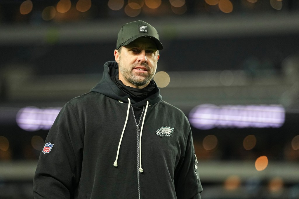 Offensive coordinator Kevin Patullo walks off the field after the game against the Chicago Bears at Lincoln Financial Field on November 28, 2025 in Philadelphia