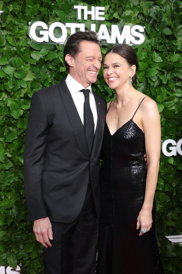 NEW YORK, NEW YORK - DECEMBER 01: Hugh Jackman and Sutton Foster attend the 35th Gotham Film Awards at Cipriani Wall Street on December 01, 2025 in New York City. (Photo by Michael Loccisano/Getty Images)