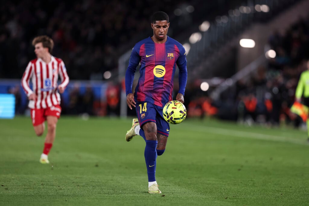 Marcus Rashford of FC Barcelona drives the ball during the Spanish La Liga EA Sports match between FC Barcelona and Atletico de Madrid at Spotify Camp Nou stadium on December 02, 2025