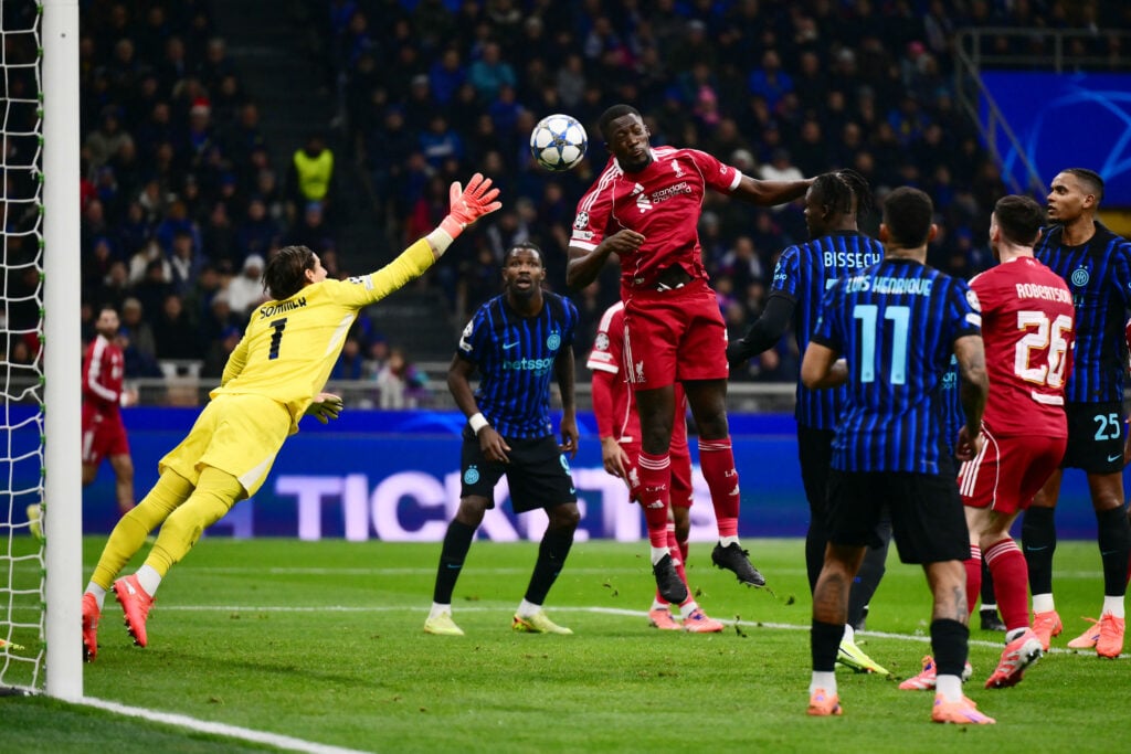 Ibrahima Konate heads in a disallowed goal during Liverpool's UEFA Champions League match against Inter Milan
