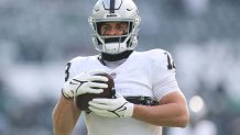 PHILADELPHIA, PENNSYLVANIA - DECEMBER 14: Jack Bech #18 of the Las Vegas Raiders warms up before the game against the Philadelphia Eagles at Lincoln Financial Field on December 14, 2025 in Philadelphia, Pennsylvania. (Photo by Emilee Chinn/Getty Images)