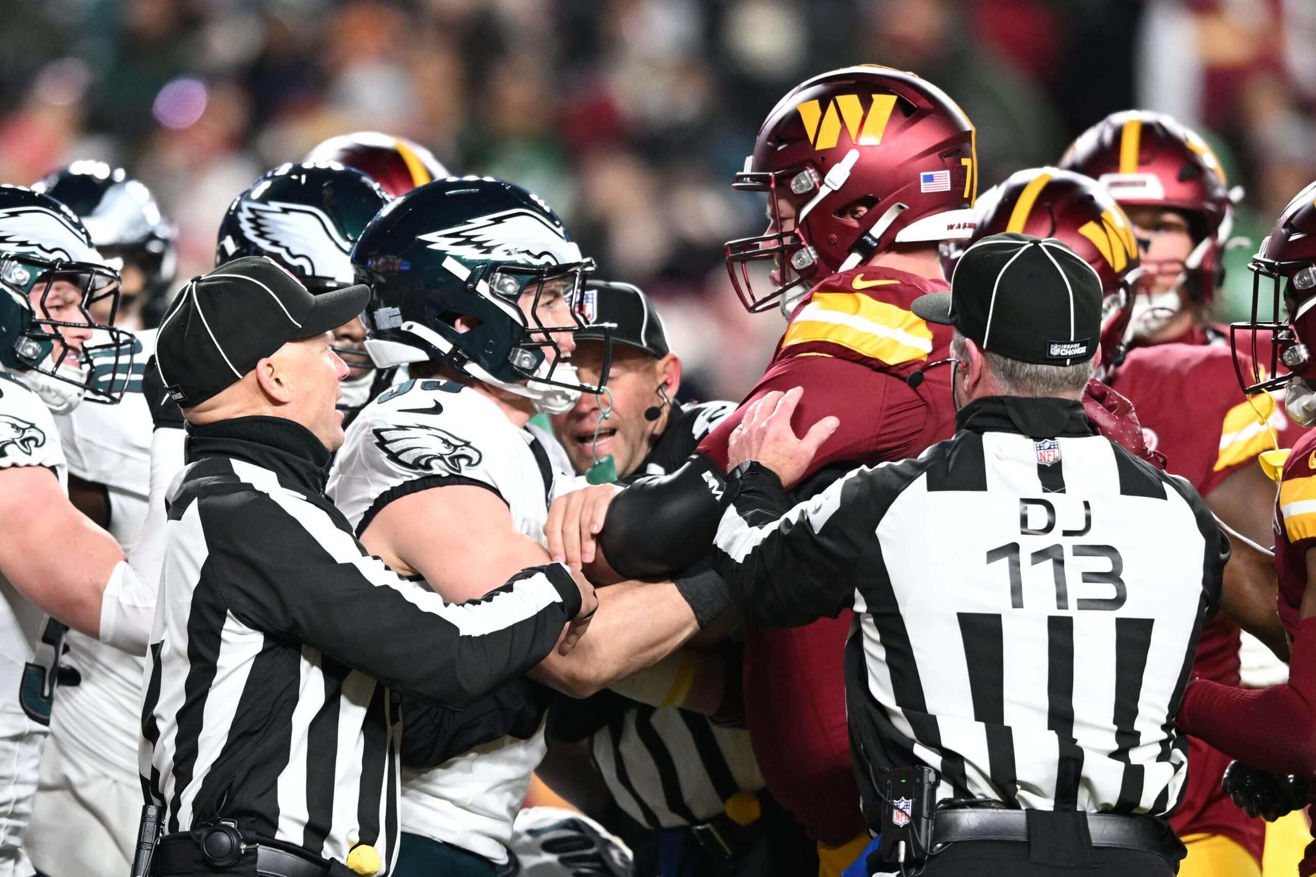 Eagles and Commanders players scuffle during the first half of Philadelphia's win over Washington.