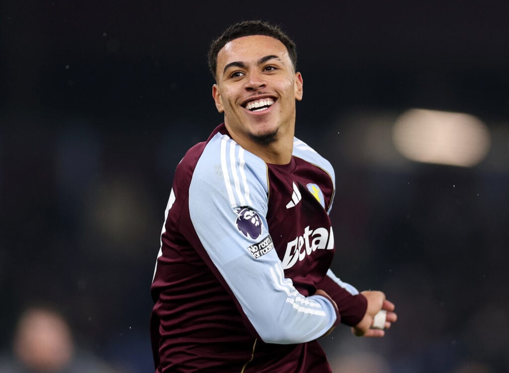 Morgan Rogers celebrates scoring against Manchester United.