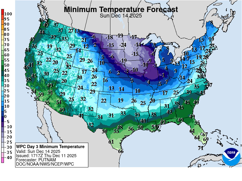 A map of the continental US showing in blue, green and purple colors the temperatures across the country