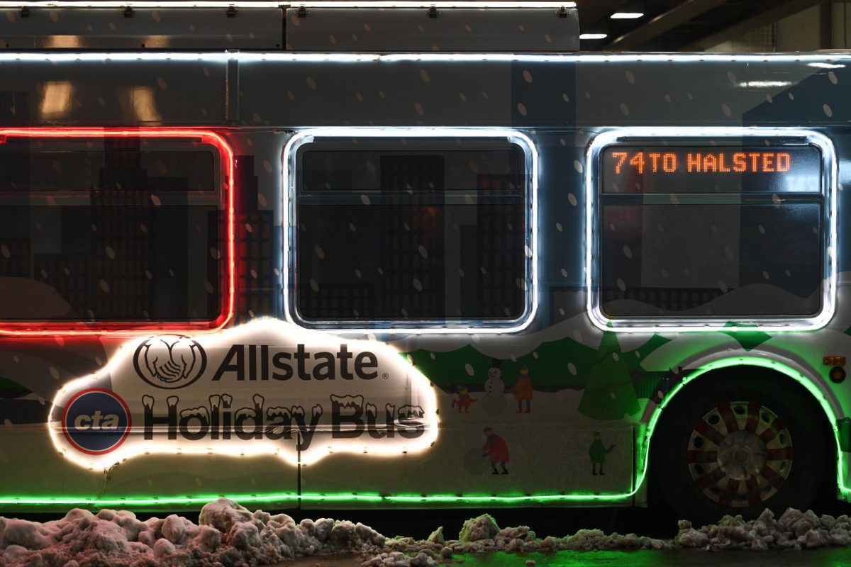 A bus decked out in festive lights.