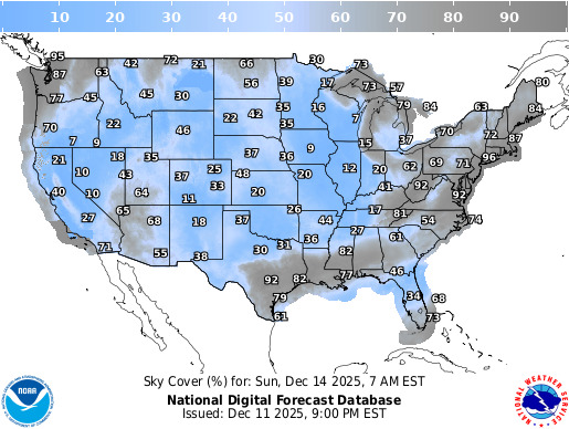 An image of the continental US with blue and gray colors showing cloud cover on December 14.