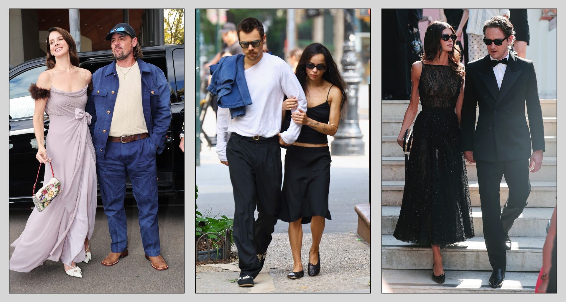 A collage of the best-dressed celebrity couples, including Zoe Kravitz and Harry Styles, Lewis Pullman and Kaia Gerber and Lana Del Rey and Jeremy Dufrene
