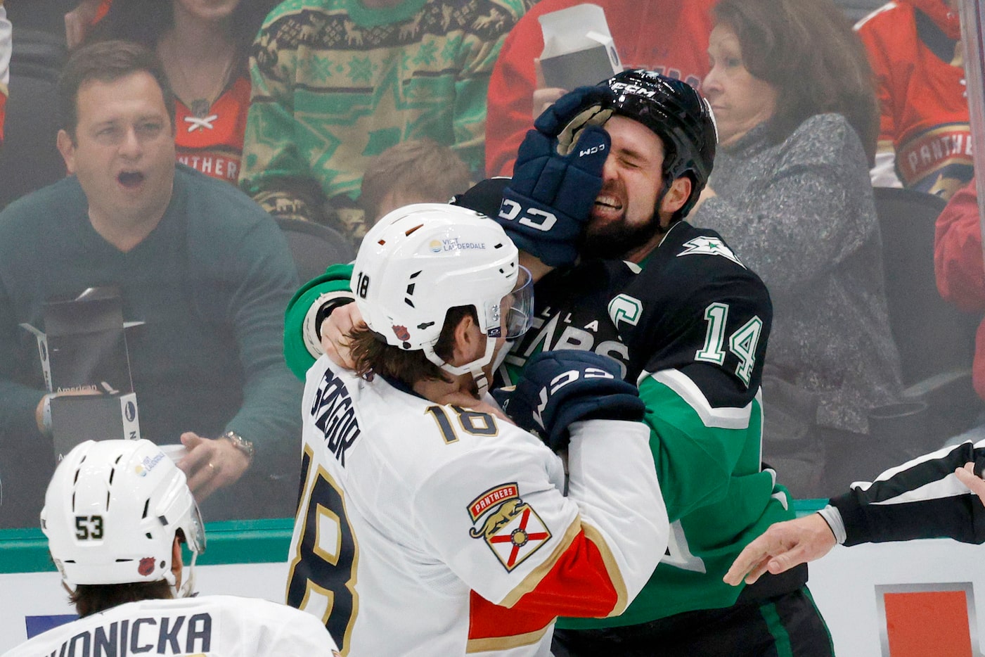 Florida Panthers left wing Noah Gregor (18) fights with Dallas Stars left wing Jamie Benn...