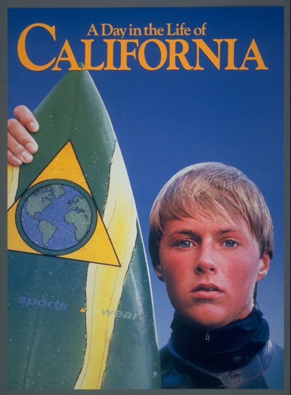 A young person in a wetsuit holds a green surfboard with a globe design on it; above them, orange text reads “A Day in the Life of California” against a blue background.