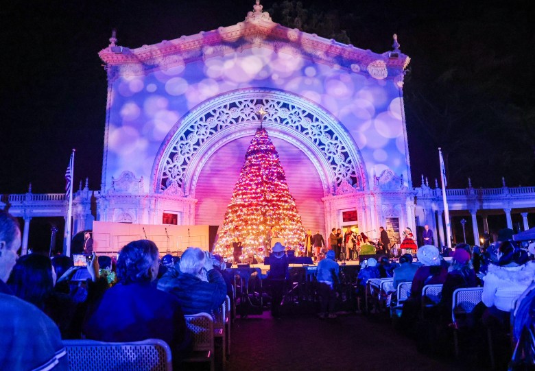A grand tree at the Spreckels Organ Pavilion at Balboa Park, with lights projected behind it and an audience watching performers around it.