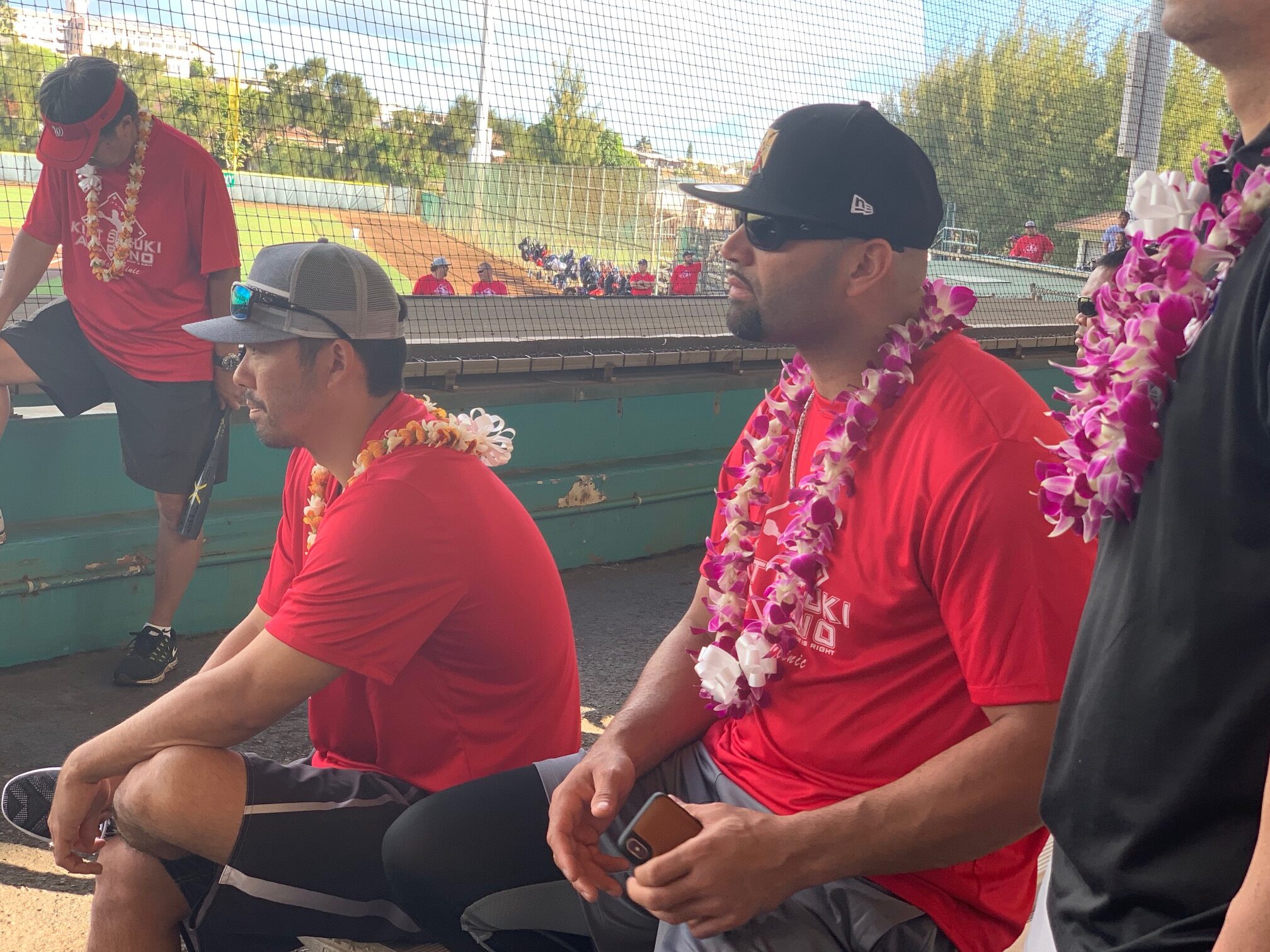 Albert Pujols (right) joined Kurt Suzuki at the Kurt Suzuki All Pono Baseball Clinic at Maehara Stadium on Jan. 12, 2019. HJI / ROB COLLIAS photo