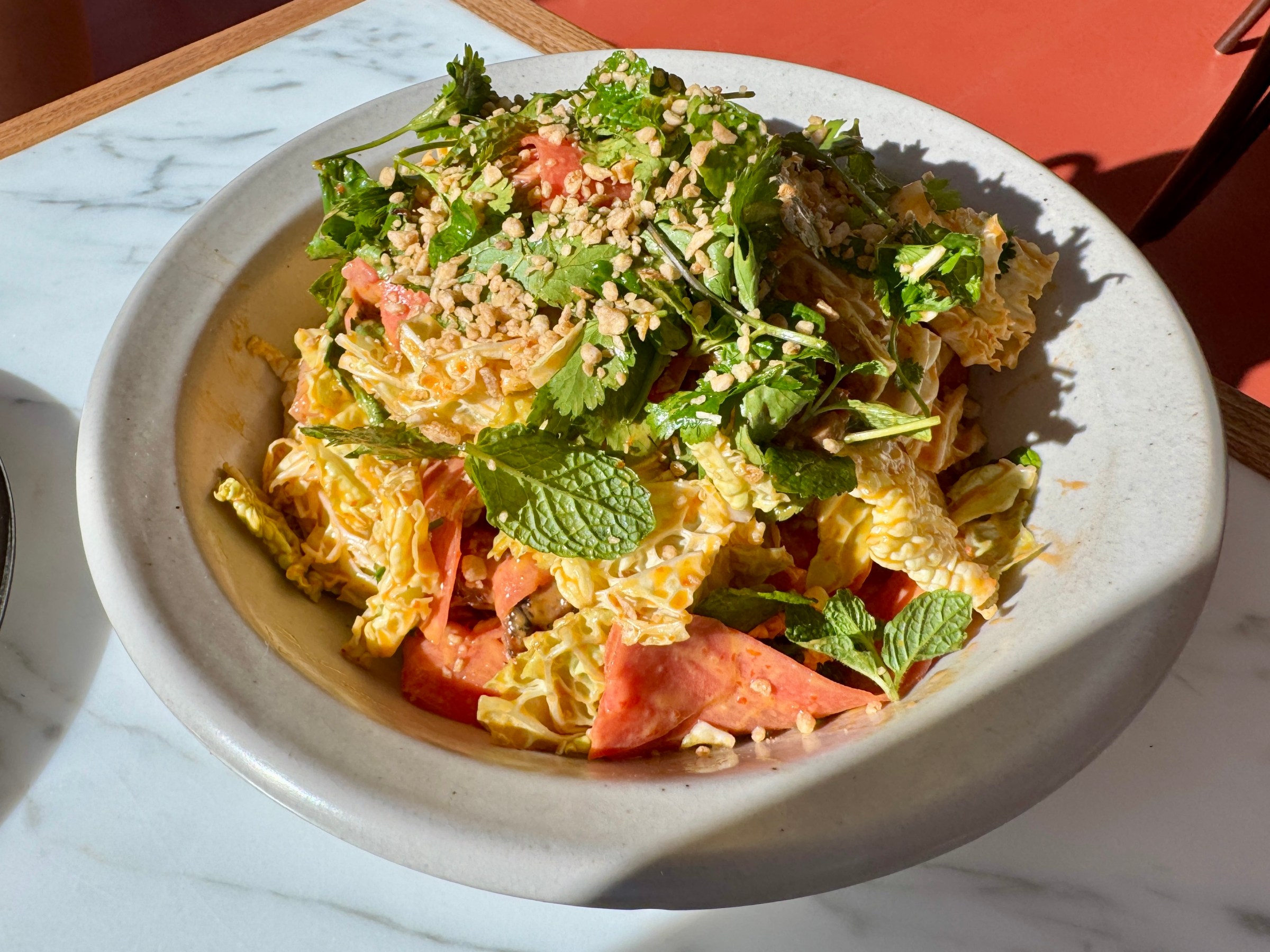 Steak slices in a cabbage salad at Little Fish Melrose Hill.