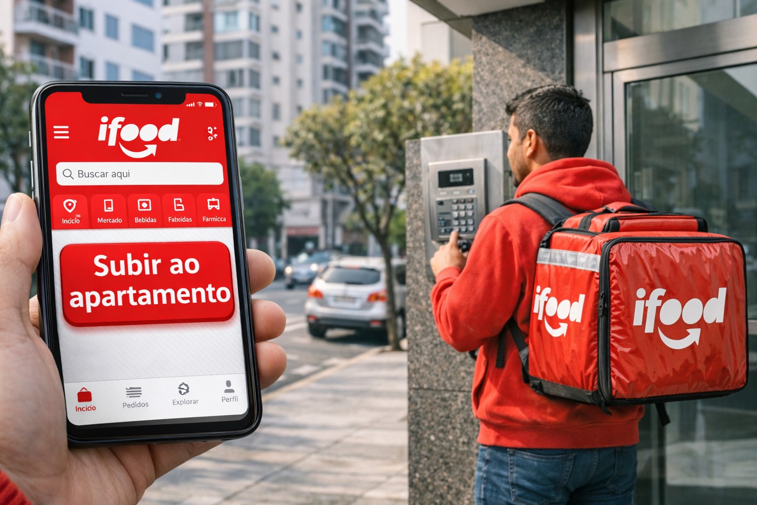 An iFood delivery driver with a red backpack stands in front of a building while a cell phone displays the "Go up to apartment" button on the delivery app.