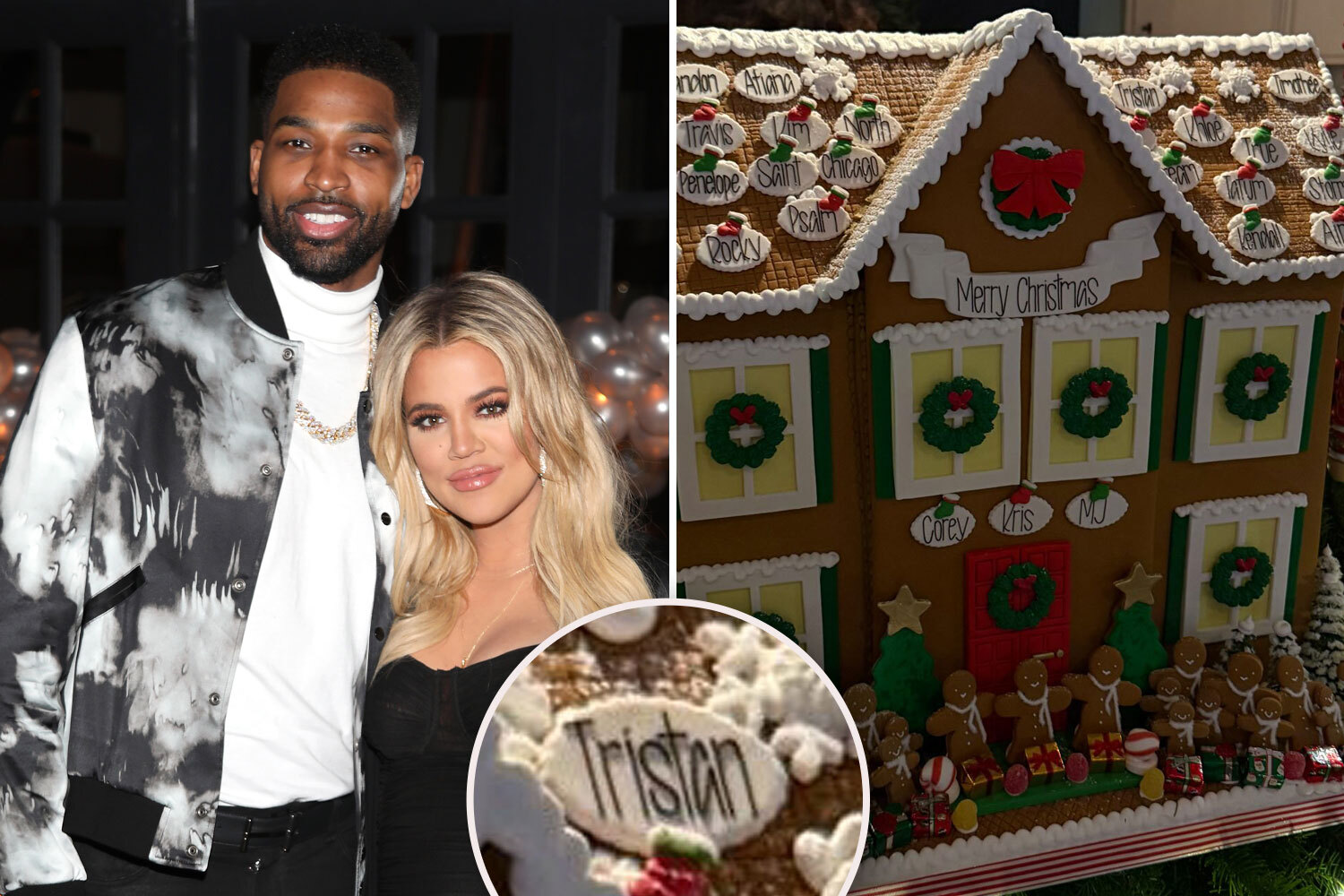 Collage of Khloe Kardashian, Tristan Thompson, and a gingerbread house with names on it.
