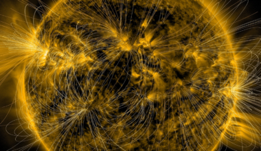 This illustration lays a depiction of the sun's magnetic fields over an image captured by NASA&rsquo;s Solar Dynamics Observatory on March 12, 2016.