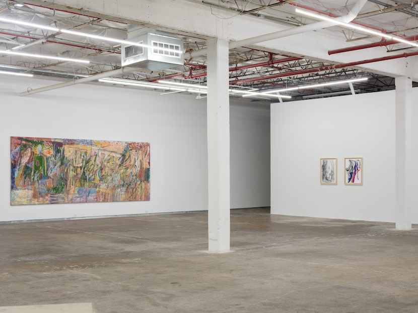 Installation view of Pam Evelyn's "Civil Dawn" (2021), left.