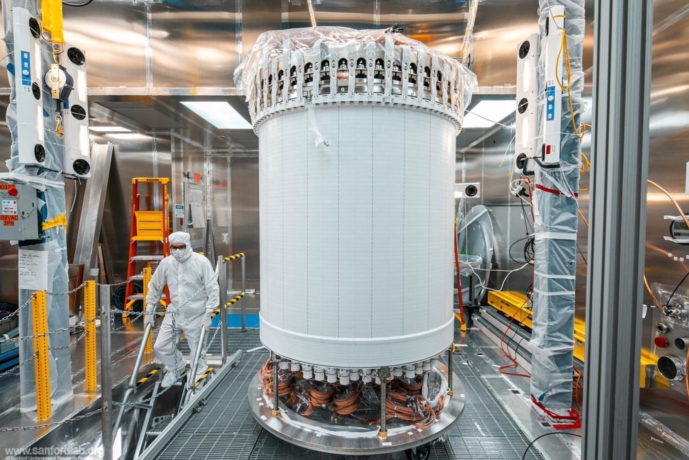 The LUX-ZEPLIN main detector in a surface lab before installation underground.