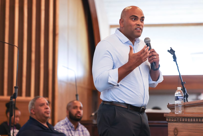 U.S. Senate candidate and voting rights lawyer Colin Allred speaks at the 60th anniversary...