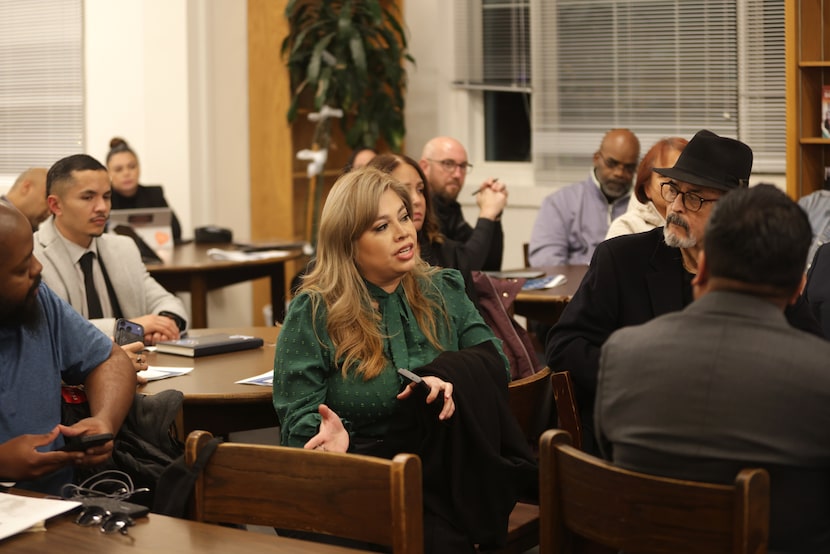 Melissa Esparza (center) speaks during a Dallas ISD Board of Trustees 2026 bond program...