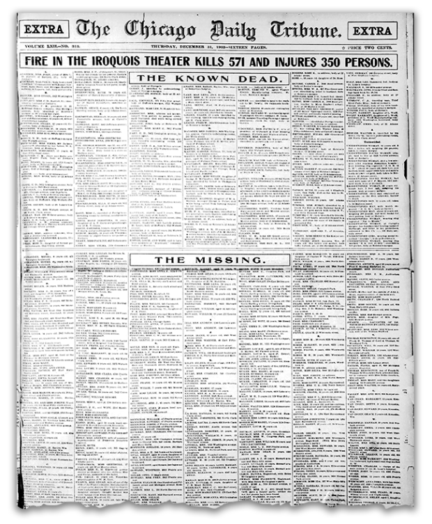 The Dec. 31, 1903, front page of the Chicago Tribune after the fire at the Iroquois Theatre.