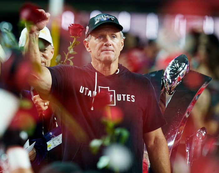 (Leah Hogsten | The Salt Lake Tribune) Utah Utes head coach Kyle Whittingham celebrates the win. The Utes defeated the Oregon Ducks to win the 2021 Pac12 Football Championship title at Allegiant Stadium in Las Vegas, Dec 3, 2021. 
